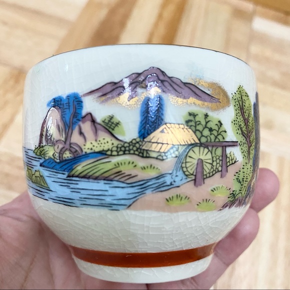 Vintage Japanese Kyusu Hand-painted Teapot Village Scene Teapot & 5 Cups Set - Picture 12 of 15